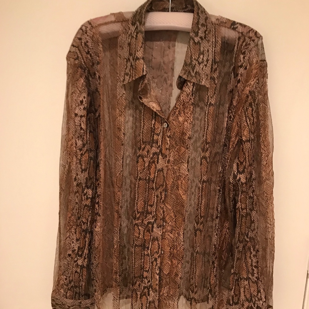 Chico's Sheer Snakeskin Print Button-Up Blouse Jacket in Brown and Tan